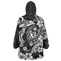 Guam Dolphins Tribal Tattoo Wearable Blanket Hoodie Polynesian Art and Tropical Flower Grayscale