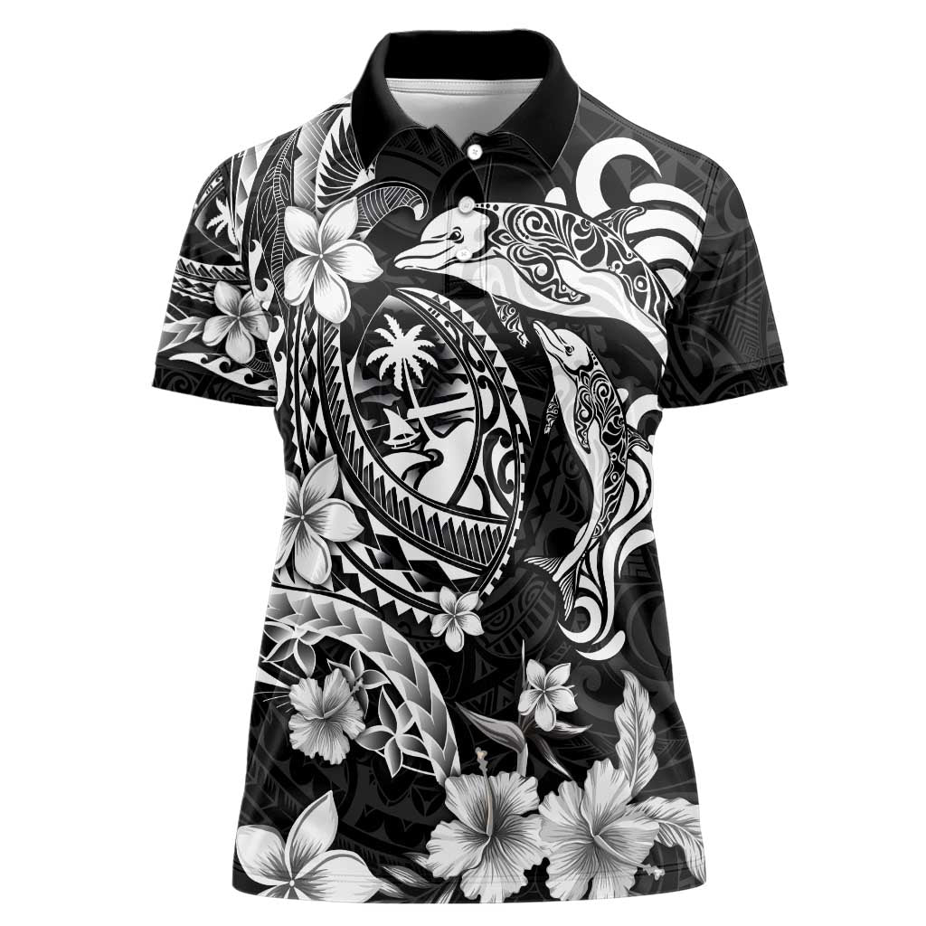 Guam Dolphins Tribal Tattoo Women Polo Shirt Polynesian Art and Tropical Flower Grayscale