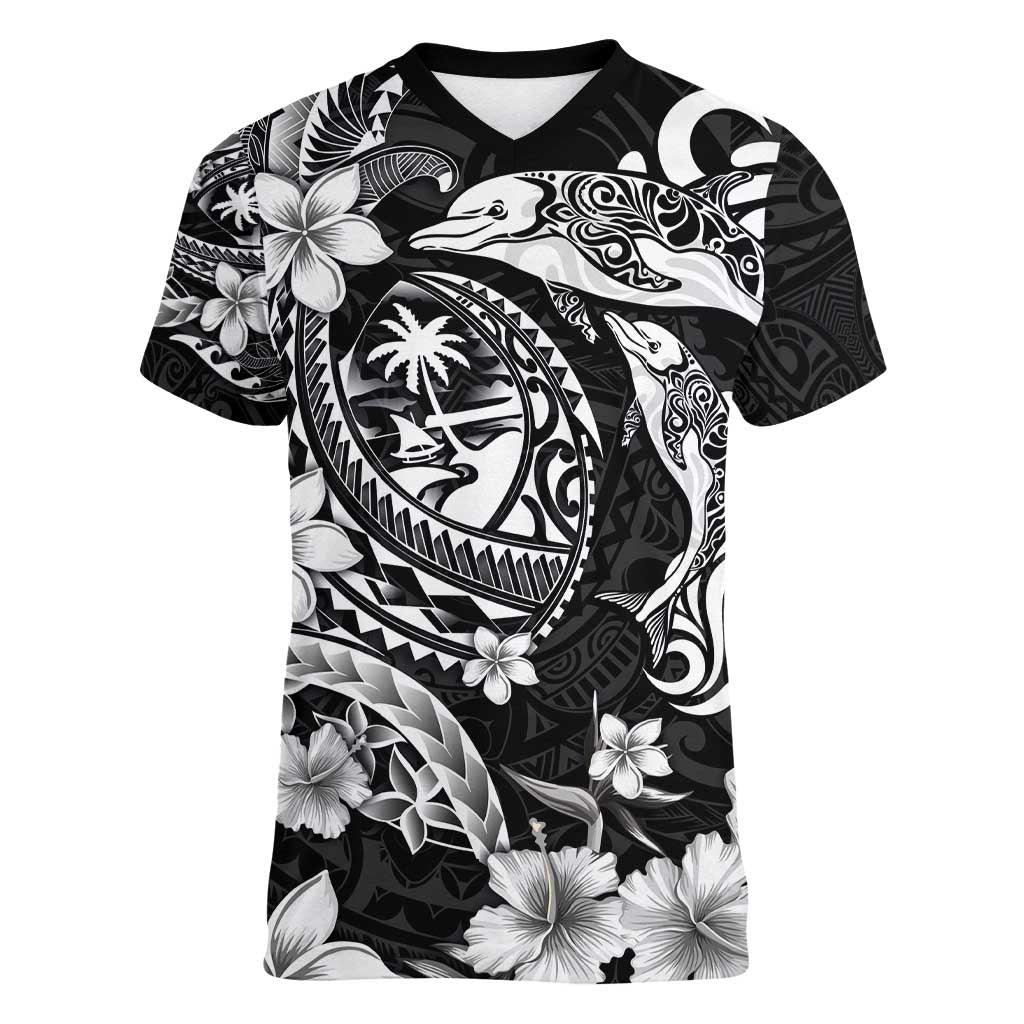 Guam Dolphins Tribal Tattoo Women V-Neck T-Shirt Polynesian Art and Tropical Flower Grayscale