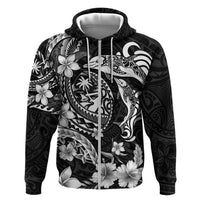 Guam Dolphins Tribal Tattoo Zip Hoodie Polynesian Art and Tropical Flower Grayscale