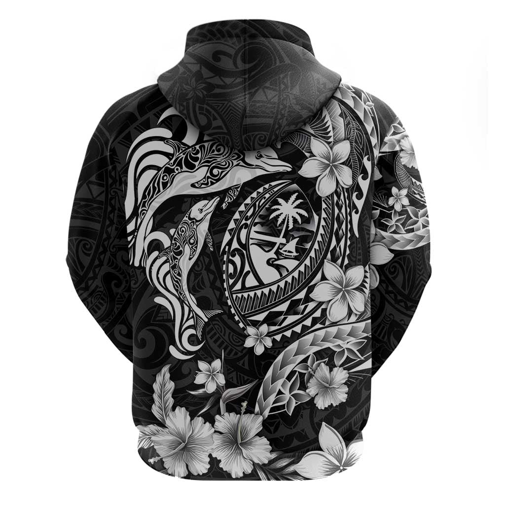 Guam Dolphins Tribal Tattoo Zip Hoodie Polynesian Art and Tropical Flower Grayscale