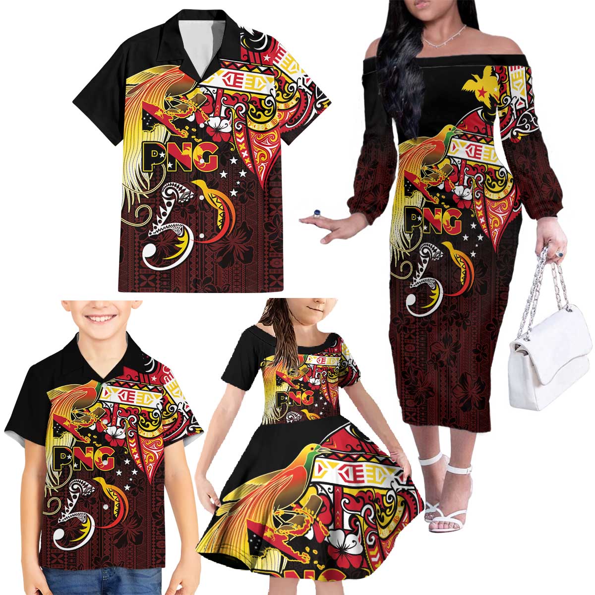 Papua New Guinea 2025 Family Matching Off The Shoulder Long Sleeve Dress and Hawaiian Shirt 50th Independence Day Anniversary