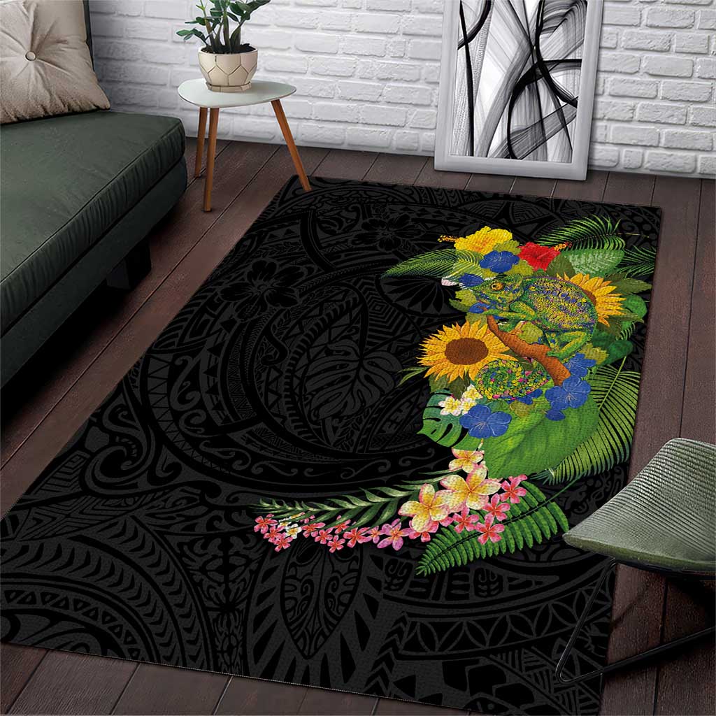 Hawaiian Tropical Plants and Chameleon Area Rug Polynesian Art Colorful - Polynesian Pride