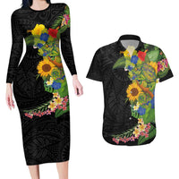 Hawaiian Tropical Plants and Chameleon Couples Matching Long Sleeve Bodycon Dress and Hawaiian Shirt Polynesian Art Colorful LT03 Black - Polynesian Pride