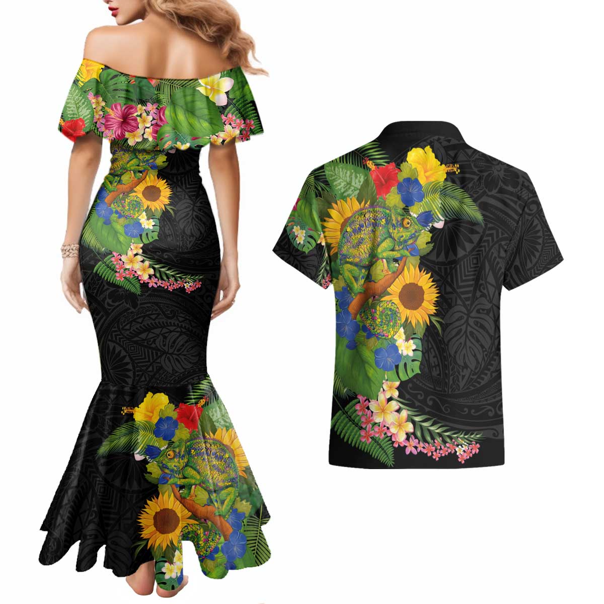 Hawaiian Tropical Plants and Chameleon Couples Matching Mermaid Dress and Hawaiian Shirt Polynesian Art Colorful LT03 - Polynesian Pride