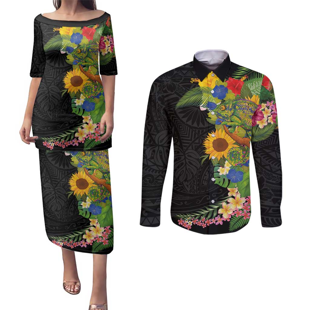 Hawaiian Tropical Plants and Chameleon Couples Matching Puletasi and Long Sleeve Button Shirt Polynesian Art Colorful - Polynesian Pride