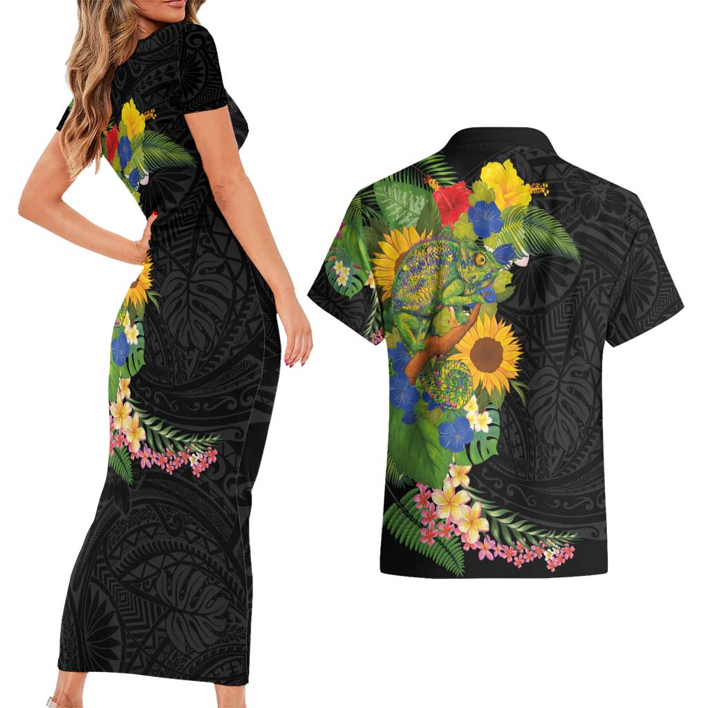 Hawaiian Tropical Plants and Chameleon Couples Matching Short Sleeve Bodycon Dress and Hawaiian Shirt Polynesian Art Colorful LT03 - Polynesian Pride