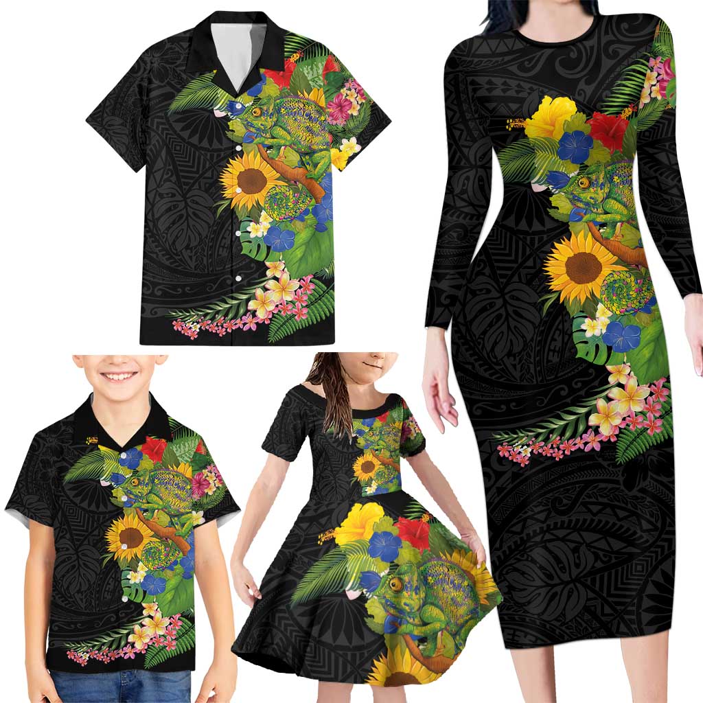 Hawaiian Tropical Plants and Chameleon Family Matching Long Sleeve Bodycon Dress and Hawaiian Shirt Polynesian Art Colorful LT03 - Polynesian Pride