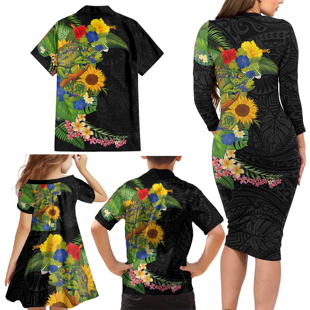 Hawaiian Tropical Plants and Chameleon Family Matching Long Sleeve Bodycon Dress and Hawaiian Shirt Polynesian Art Colorful LT03 - Polynesian Pride