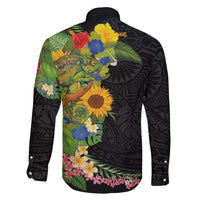 Hawaiian Tropical Plants and Chameleon Family Matching Long Sleeve Bodycon Dress and Hawaiian Shirt Polynesian Art Colorful LT03 - Polynesian Pride