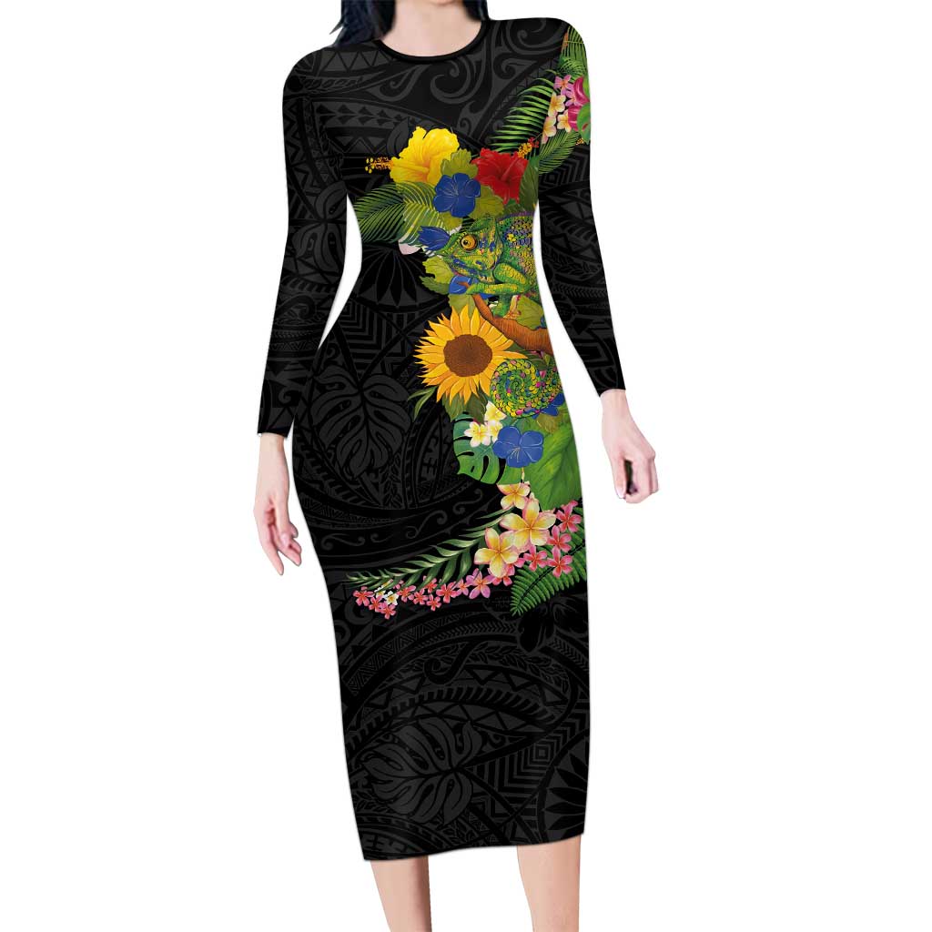 Hawaiian Tropical Plants and Chameleon Family Matching Long Sleeve Bodycon Dress and Hawaiian Shirt Polynesian Art Colorful LT03 Mom's Dress Black - Polynesian Pride