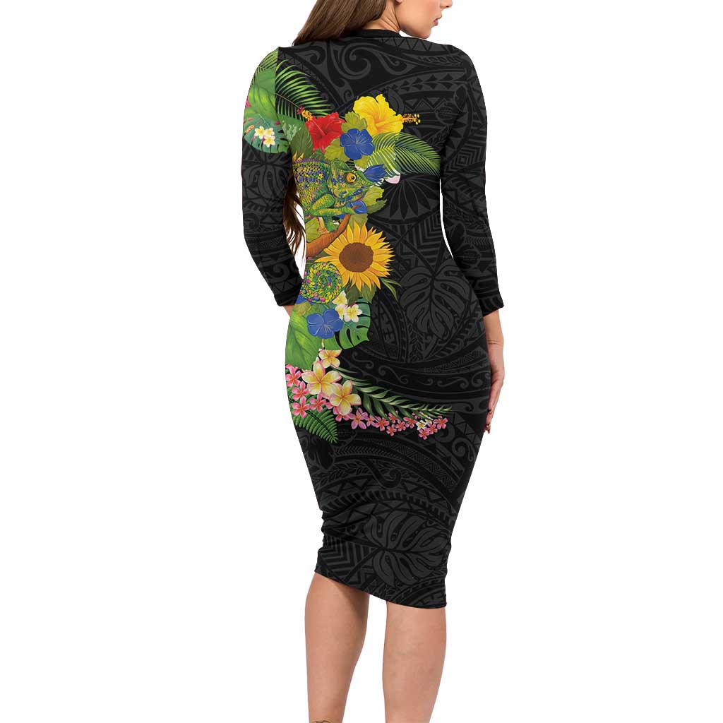 Hawaiian Tropical Plants and Chameleon Family Matching Long Sleeve Bodycon Dress and Hawaiian Shirt Polynesian Art Colorful LT03 - Polynesian Pride