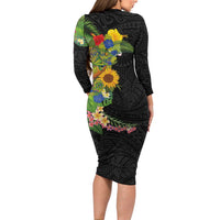 Hawaiian Tropical Plants and Chameleon Family Matching Long Sleeve Bodycon Dress and Hawaiian Shirt Polynesian Art Colorful LT03 - Polynesian Pride
