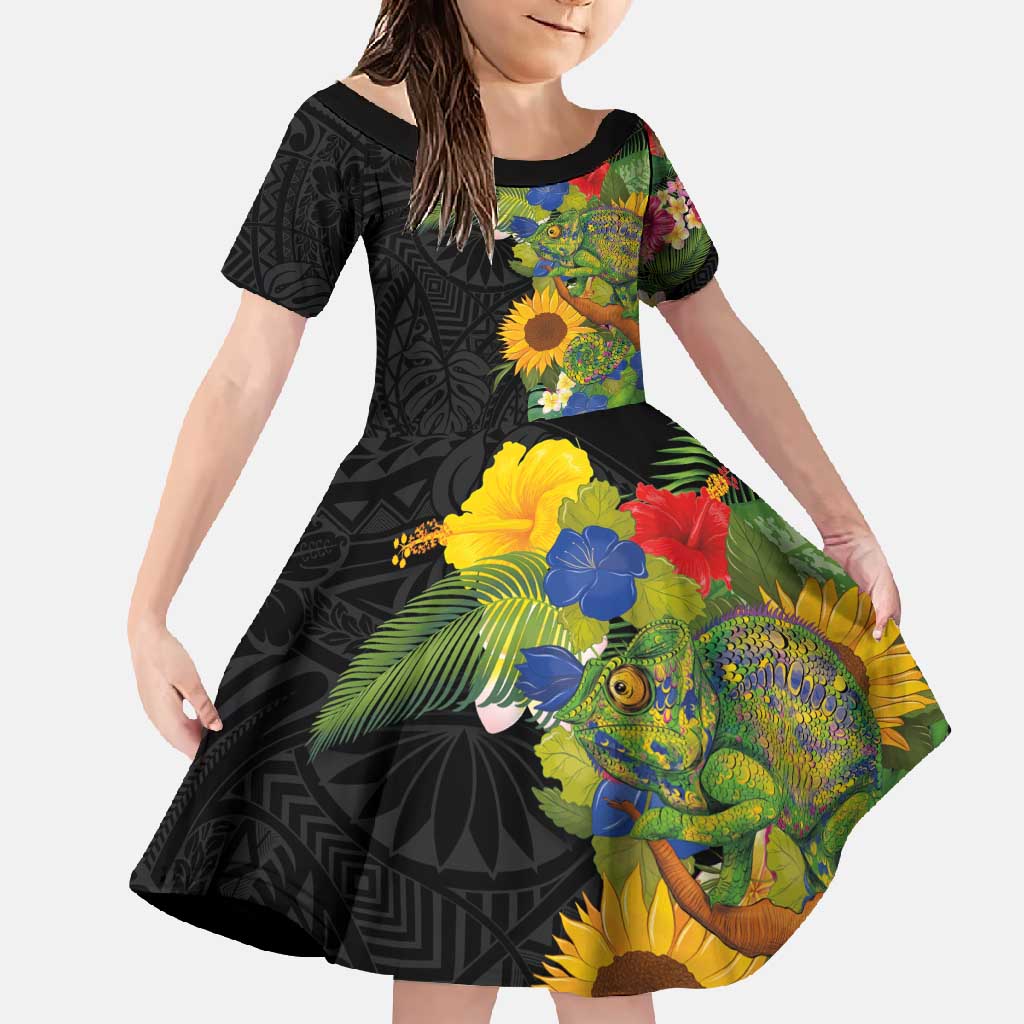 Hawaiian Tropical Plants and Chameleon Family Matching Mermaid Dress and Hawaiian Shirt Polynesian Art Colorful LT03 Daughter's Dress Black - Polynesian Pride