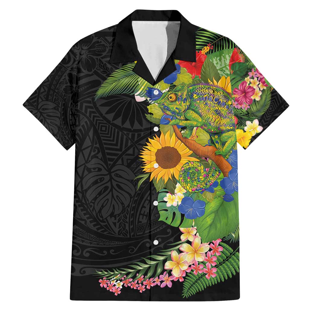 Hawaiian Tropical Plants and Chameleon Family Matching Mermaid Dress and Hawaiian Shirt Polynesian Art Colorful LT03 Dad's Shirt - Short Sleeve Black - Polynesian Pride