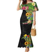 Hawaiian Tropical Plants and Chameleon Family Matching Mermaid Dress and Hawaiian Shirt Polynesian Art Colorful LT03 Mom's Dress Black - Polynesian Pride