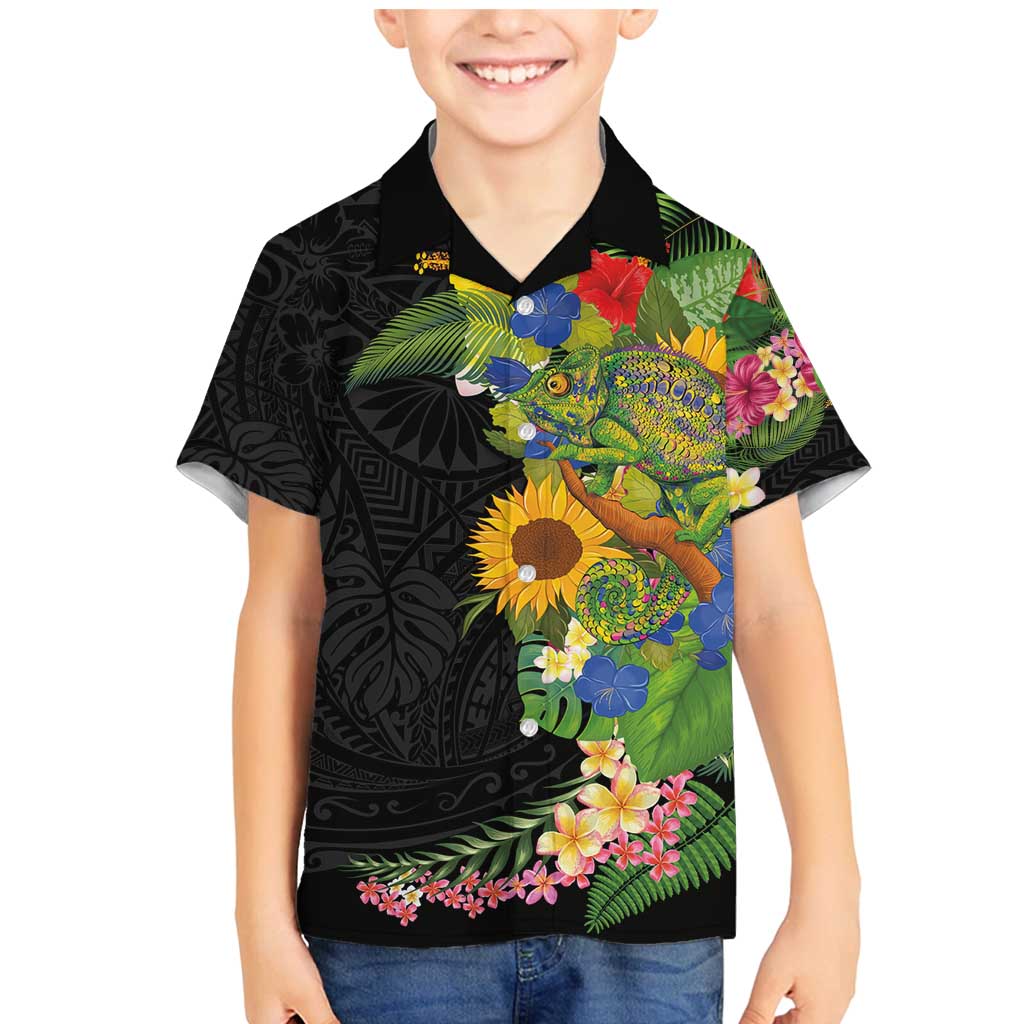 Hawaiian Tropical Plants and Chameleon Family Matching Mermaid Dress and Hawaiian Shirt Polynesian Art Colorful LT03 Son's Shirt Black - Polynesian Pride