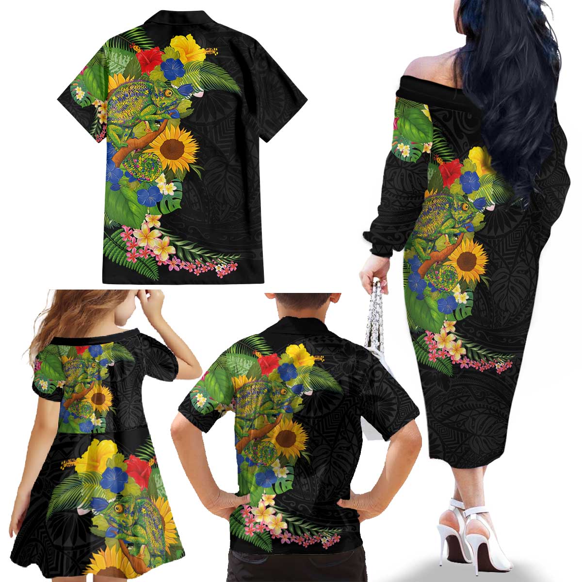 Hawaiian Tropical Plants and Chameleon Family Matching Off The Shoulder Long Sleeve Dress and Hawaiian Shirt Polynesian Art Colorful - Polynesian Pride