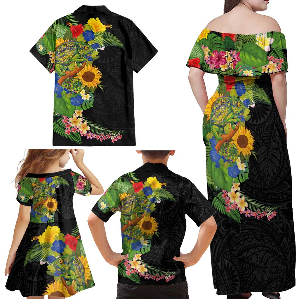 Hawaiian Tropical Plants and Chameleon Family Matching Off Shoulder Maxi Dress and Hawaiian Shirt Polynesian Art Colorful LT03 - Polynesian Pride