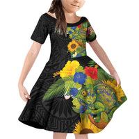 Hawaiian Tropical Plants and Chameleon Family Matching Off Shoulder Short Dress and Hawaiian Shirt Polynesian Art Colorful LT03 Daughter's Dress Black - Polynesian Pride