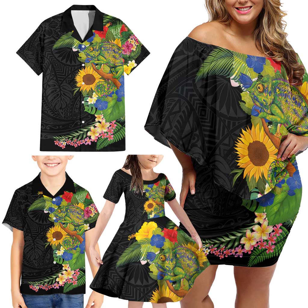 Hawaiian Tropical Plants and Chameleon Family Matching Off Shoulder Short Dress and Hawaiian Shirt Polynesian Art Colorful LT03 - Polynesian Pride