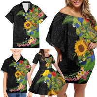 Hawaiian Tropical Plants and Chameleon Family Matching Off Shoulder Short Dress and Hawaiian Shirt Polynesian Art Colorful LT03 - Polynesian Pride