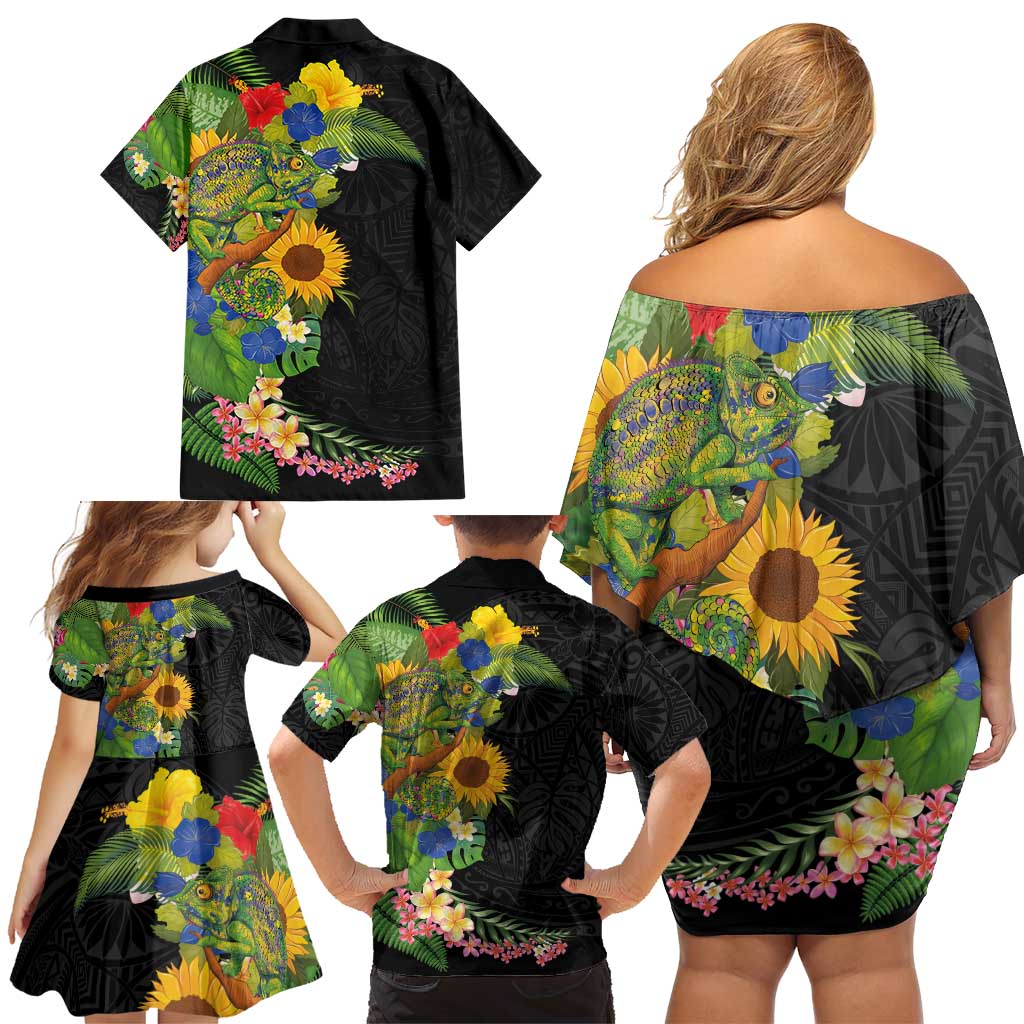 Hawaiian Tropical Plants and Chameleon Family Matching Off Shoulder Short Dress and Hawaiian Shirt Polynesian Art Colorful LT03 - Polynesian Pride