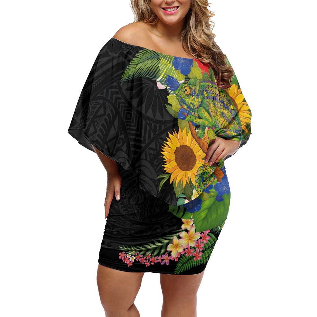 Hawaiian Tropical Plants and Chameleon Family Matching Off Shoulder Short Dress and Hawaiian Shirt Polynesian Art Colorful LT03 Mom's Dress Black - Polynesian Pride