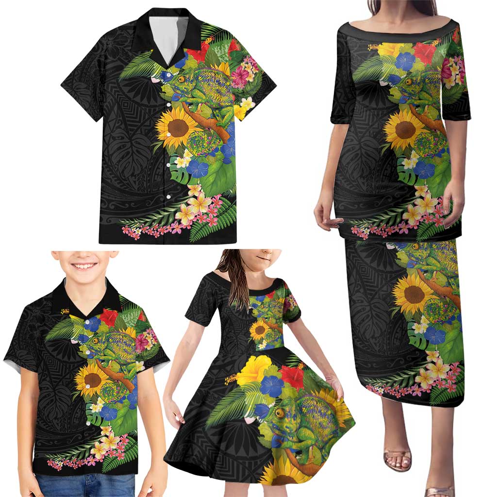 Hawaiian Tropical Plants and Chameleon Family Matching Puletasi and Hawaiian Shirt Polynesian Art Colorful - Polynesian Pride