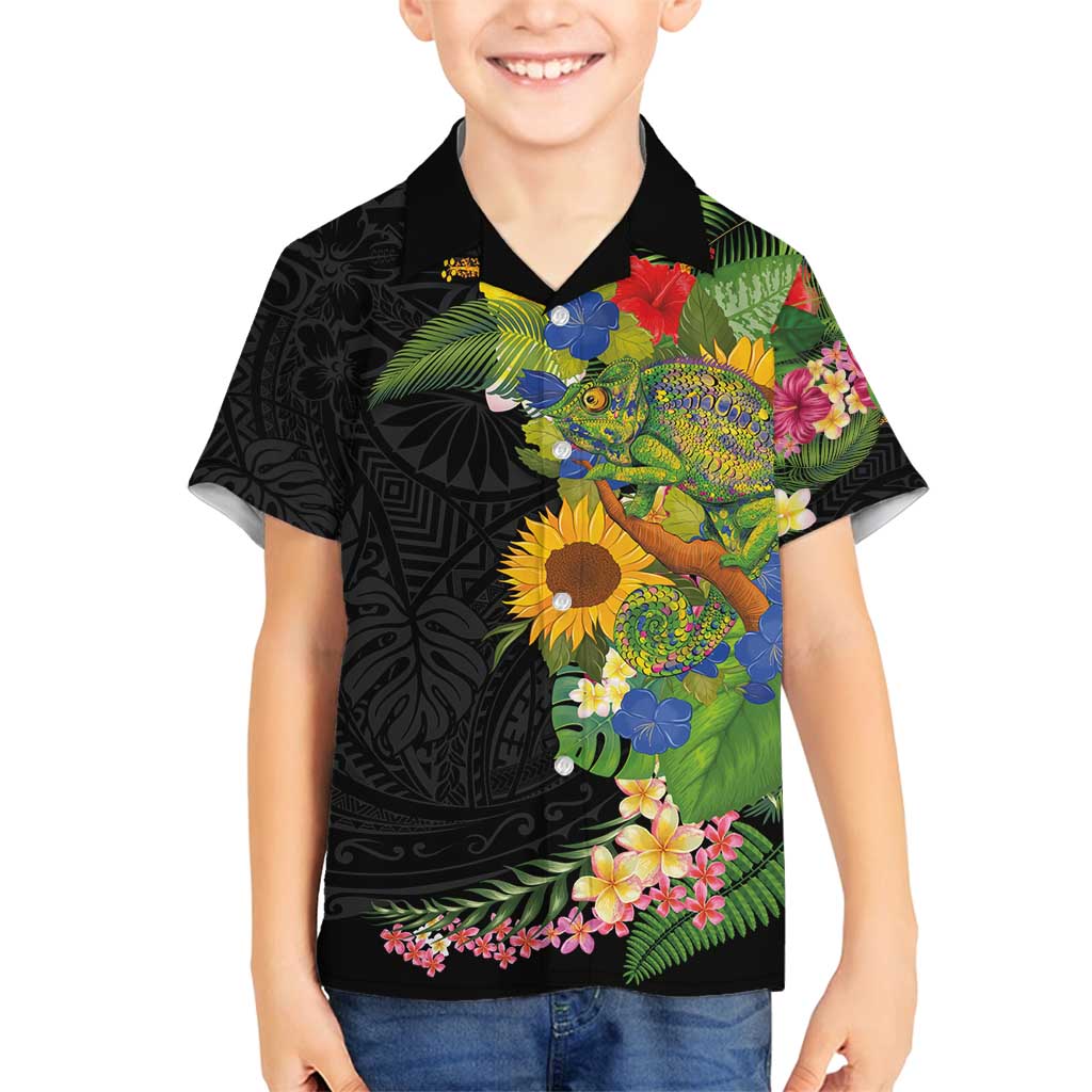Hawaiian Tropical Plants and Chameleon Family Matching Puletasi and Hawaiian Shirt Polynesian Art Colorful LT03 Son's Shirt Black - Polynesian Pride