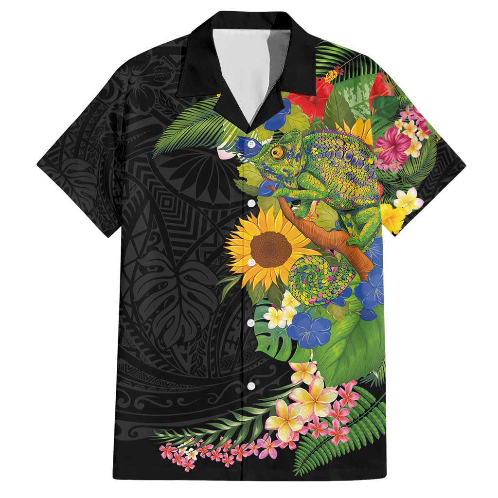 Hawaiian Tropical Plants and Chameleon Family Matching Short Sleeve Bodycon Dress and Hawaiian Shirt Polynesian Art Colorful LT03 Dad's Shirt - Short Sleeve Black - Polynesian Pride