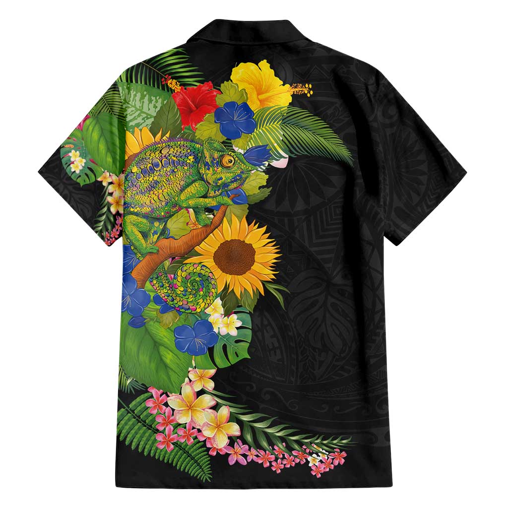 Hawaiian Tropical Plants and Chameleon Family Matching Short Sleeve Bodycon Dress and Hawaiian Shirt Polynesian Art Colorful LT03 - Polynesian Pride