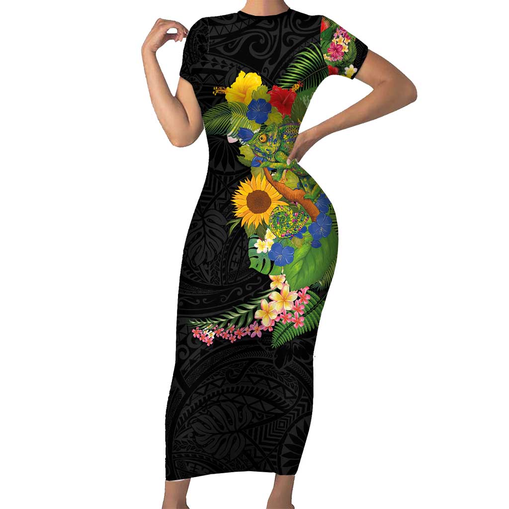Hawaiian Tropical Plants and Chameleon Family Matching Short Sleeve Bodycon Dress and Hawaiian Shirt Polynesian Art Colorful LT03 Mom's Dress Black - Polynesian Pride
