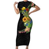 Hawaiian Tropical Plants and Chameleon Family Matching Short Sleeve Bodycon Dress and Hawaiian Shirt Polynesian Art Colorful LT03 Mom's Dress Black - Polynesian Pride
