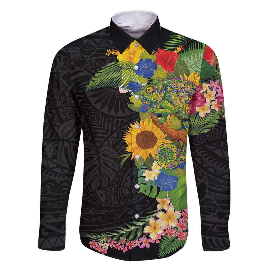 Hawaiian Tropical Plants and Chameleon Family Matching Summer Maxi Dress and Hawaiian Shirt Polynesian Art Colorful LT03 Dad's Shirt - Long Sleeve Black - Polynesian Pride