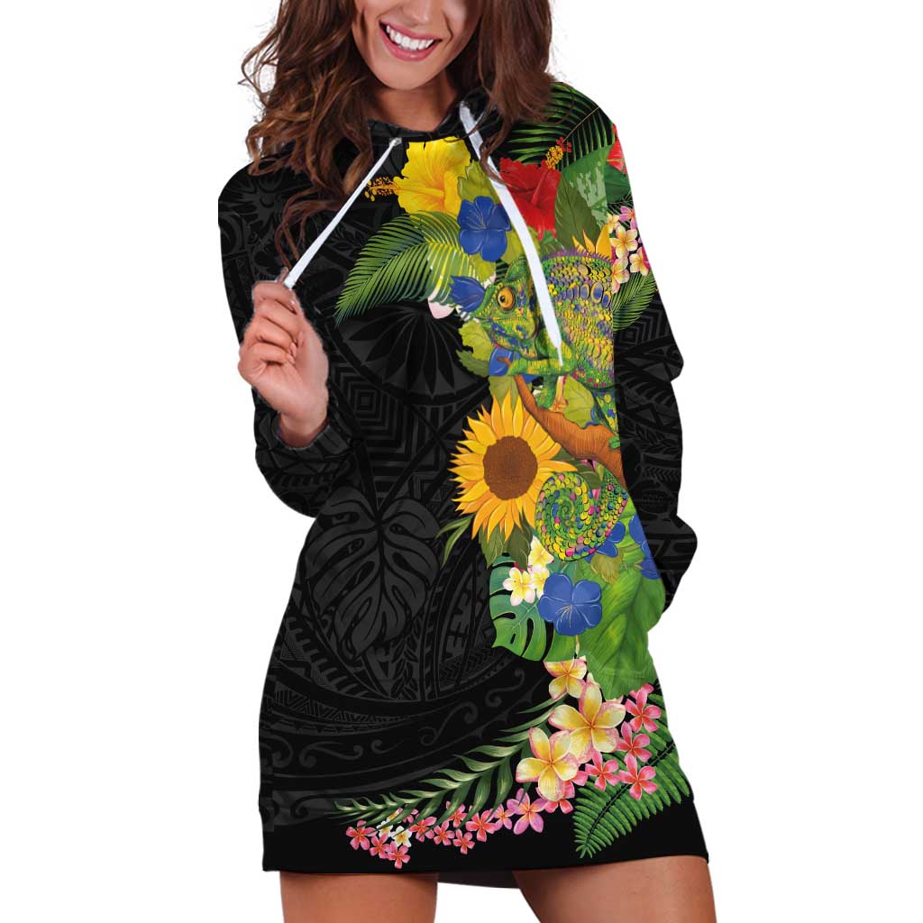 Hawaiian Tropical Plants and Chameleon Hoodie Dress Polynesian Art Colorful - Polynesian Pride
