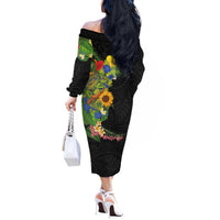 Hawaiian Tropical Plants and Chameleon Off The Shoulder Long Sleeve Dress Polynesian Art Colorful - Polynesian Pride