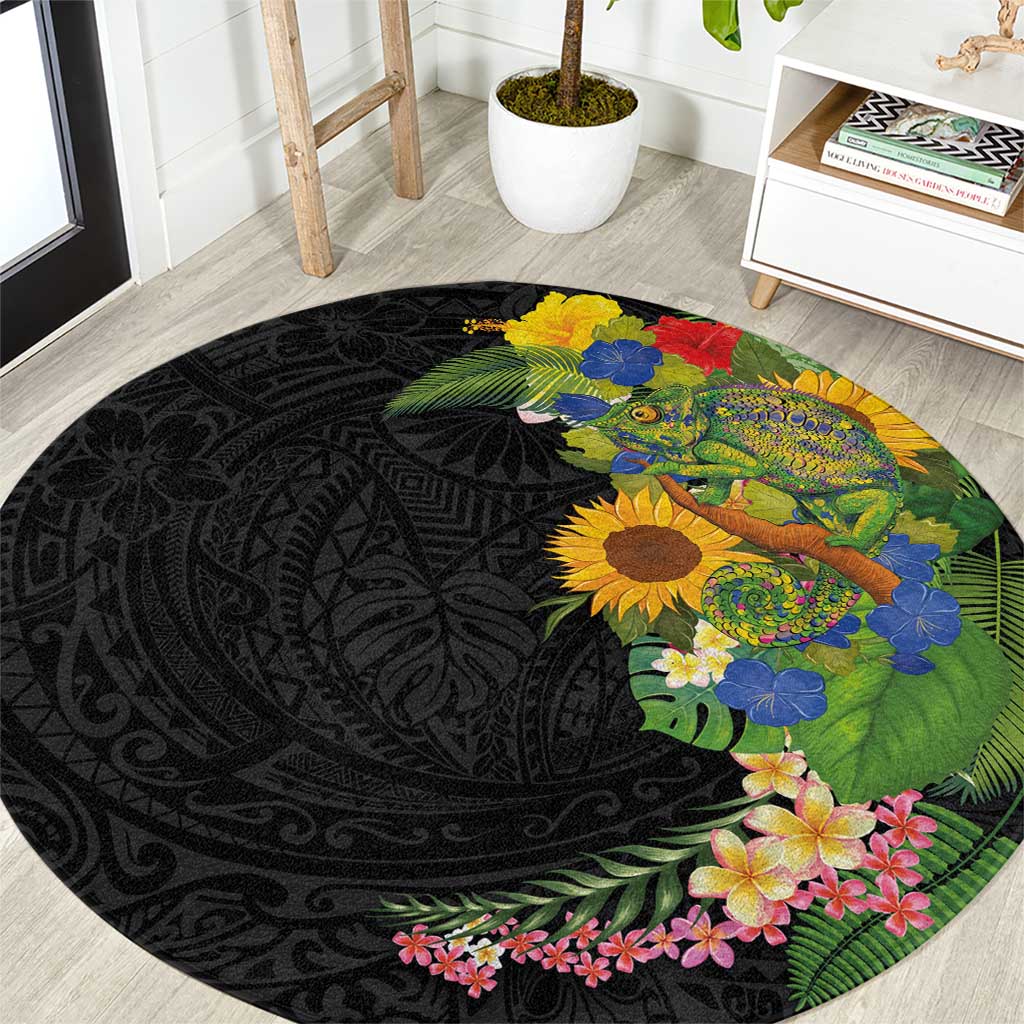 Hawaiian Tropical Plants and Chameleon Round Carpet Polynesian Art Colorful - Polynesian Pride