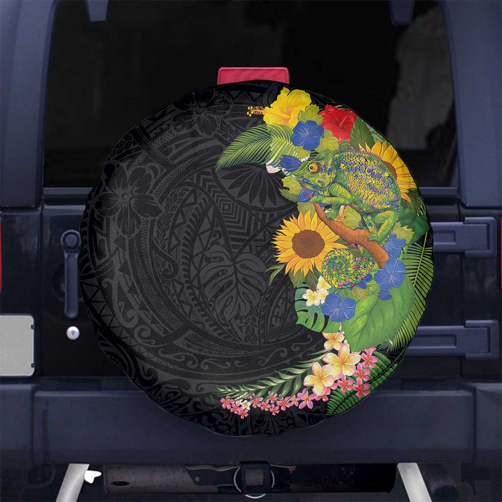 Hawaiian Tropical Plants and Chameleon Spare Tire Cover Polynesian Art Colorful - Polynesian Pride