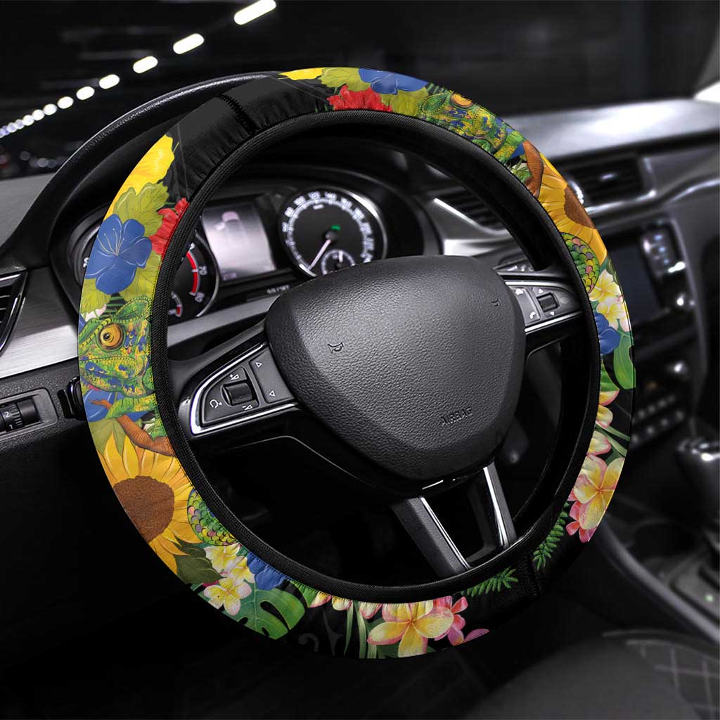 Hawaiian Tropical Plants and Chameleon Steering Wheel Cover Polynesian Art Colorful - Polynesian Pride