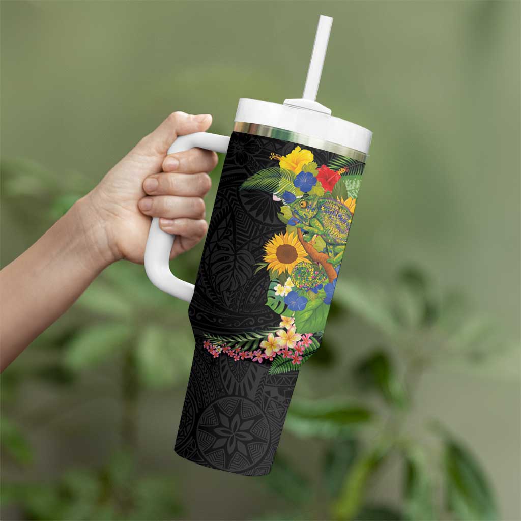 Hawaiian Tropical Plants and Chameleon Tumbler With Handle Polynesian Art Colorful - Polynesian Pride