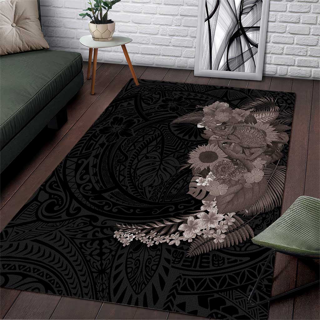 Hawaiian Tropical Plants and Chameleon Area Rug Polynesian Art Grayscale - Polynesian Pride