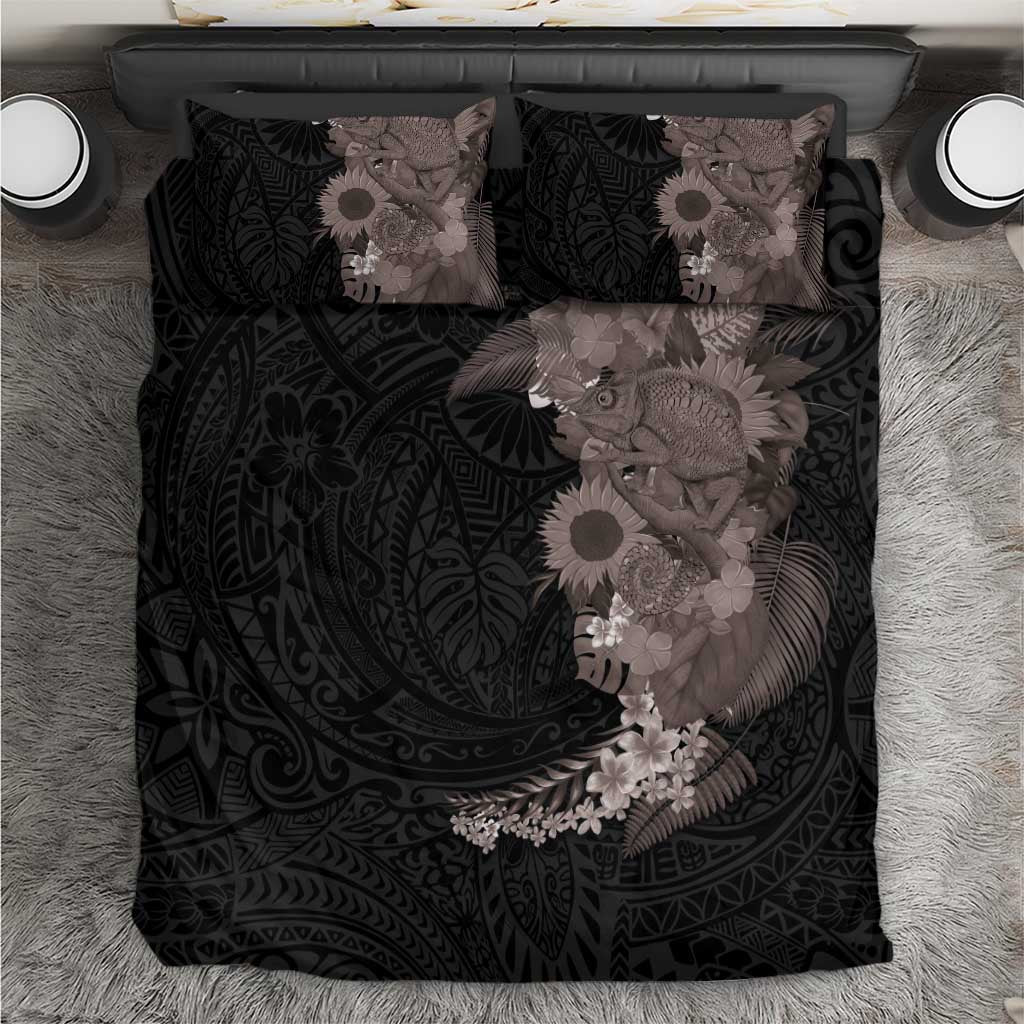 Hawaiian Tropical Plants and Chameleon Bedding Set Polynesian Art Grayscale - Polynesian Pride