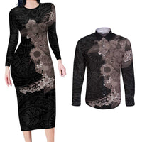 Hawaiian Tropical Plants and Chameleon Couples Matching Long Sleeve Bodycon Dress and Long Sleeve Button Shirt Polynesian Art Grayscale - Polynesian Pride