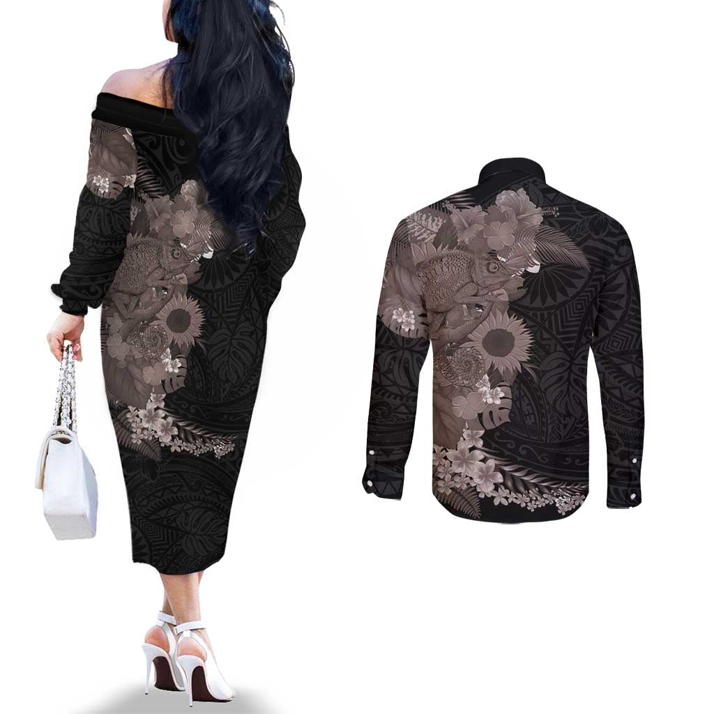 Hawaiian Tropical Plants and Chameleon Couples Matching Off The Shoulder Long Sleeve Dress and Long Sleeve Button Shirt Polynesian Art Grayscale - Polynesian Pride