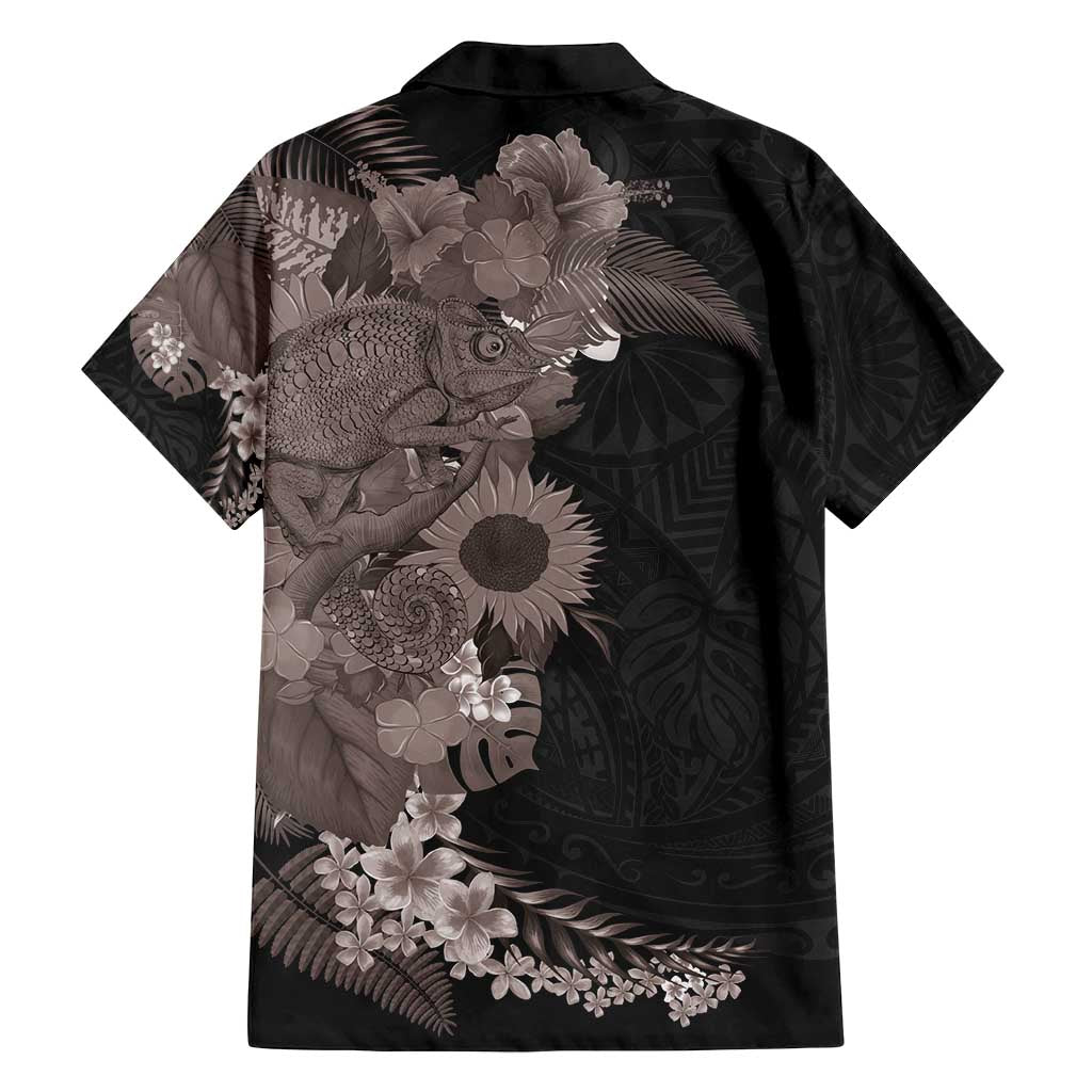 Hawaiian Tropical Plants and Chameleon Family Matching Long Sleeve Bodycon Dress and Hawaiian Shirt Polynesian Art Grayscale LT03 - Polynesian Pride