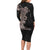 Hawaiian Tropical Plants and Chameleon Family Matching Long Sleeve Bodycon Dress and Hawaiian Shirt Polynesian Art Grayscale - Polynesian Pride