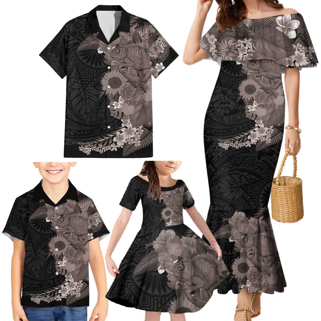Hawaiian Tropical Plants and Chameleon Family Matching Mermaid Dress and Hawaiian Shirt Polynesian Art Grayscale LT03 - Polynesian Pride