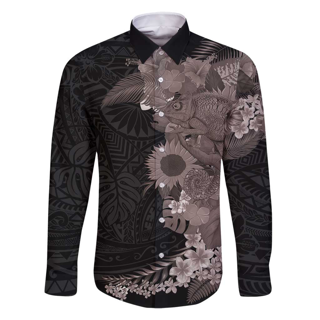 Hawaiian Tropical Plants and Chameleon Family Matching Mermaid Dress and Hawaiian Shirt Polynesian Art Grayscale LT03 Dad's Shirt - Long Sleeve Black - Polynesian Pride