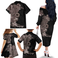 Hawaiian Tropical Plants and Chameleon Family Matching Off The Shoulder Long Sleeve Dress and Hawaiian Shirt Polynesian Art Grayscale - Polynesian Pride